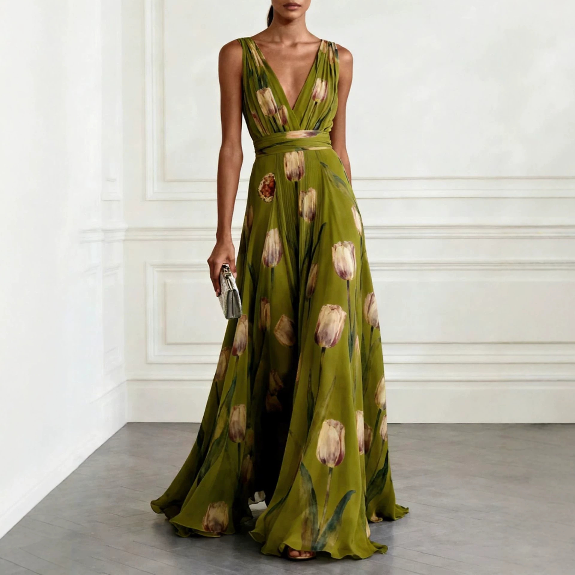 Tulip Print Sleeveless V-Neck A-Line Maxi Dress