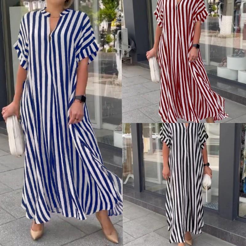 Striped V-Neck Short Sleeve Side Slit Loose Casual Dress