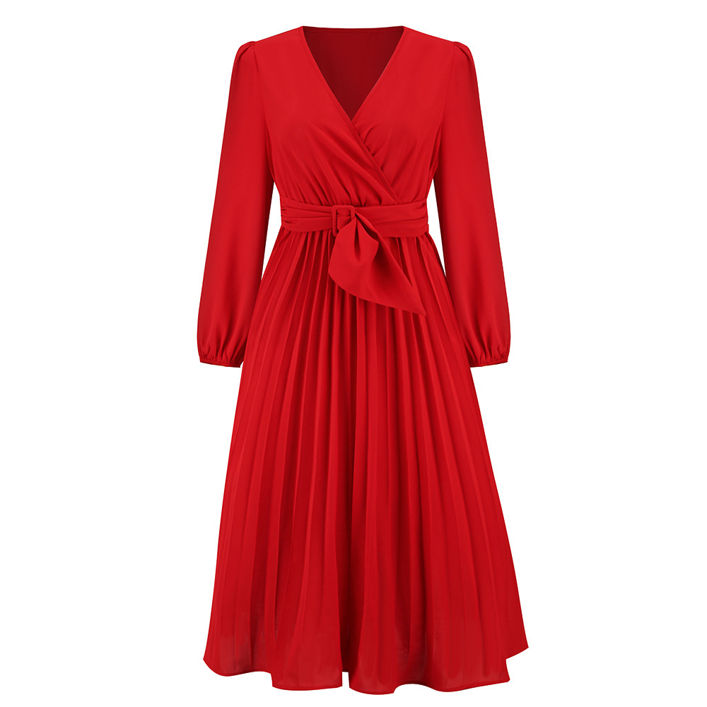 Women's Long Sleeve Pleated Belted V-Neck A-Line Dress