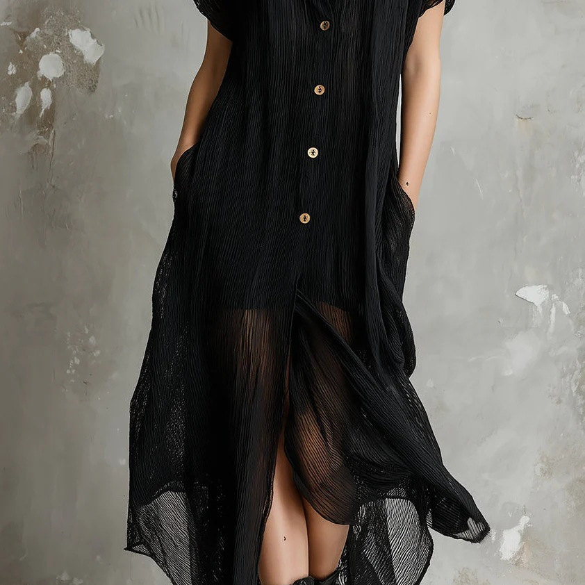 Sheer Pleated Collared Short-Sleeve Long Shirt Dress with Slit