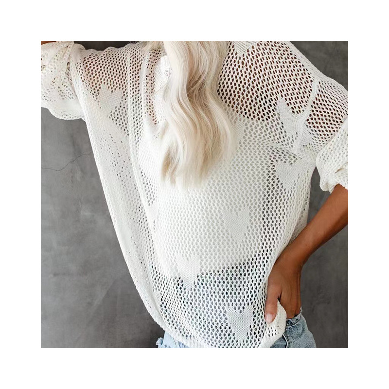 Women's Loose Sheer Mesh Heart Pattern Pullover Sweater