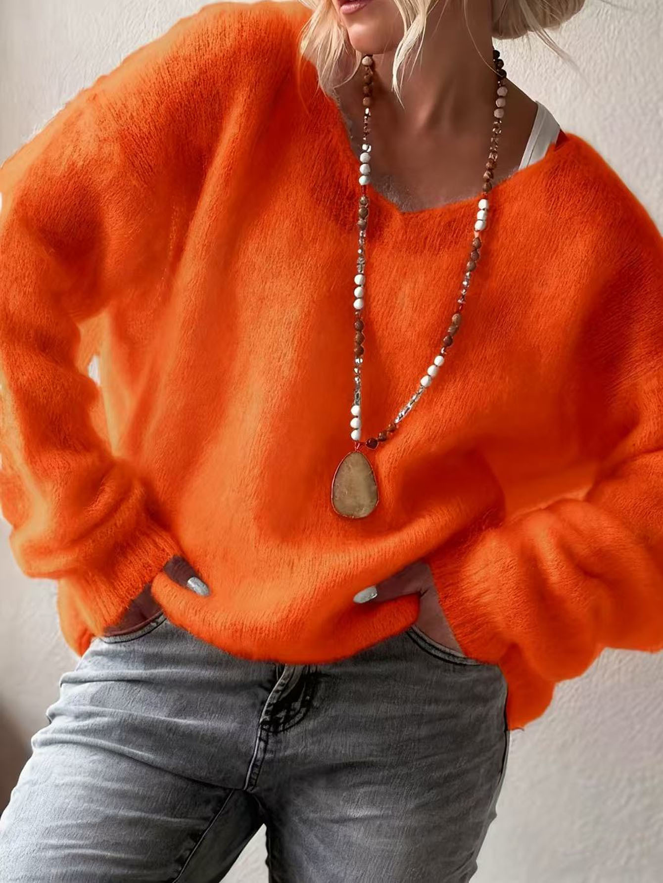 Soft V-Neck Long-Sleeve Pullover Sweater Women Solid Loose Knit Top