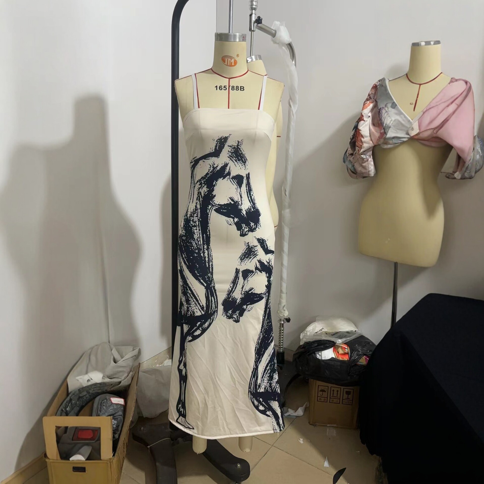 Abstract Print Strapless Sleeveless Zip-Front Long Bodycon Dress