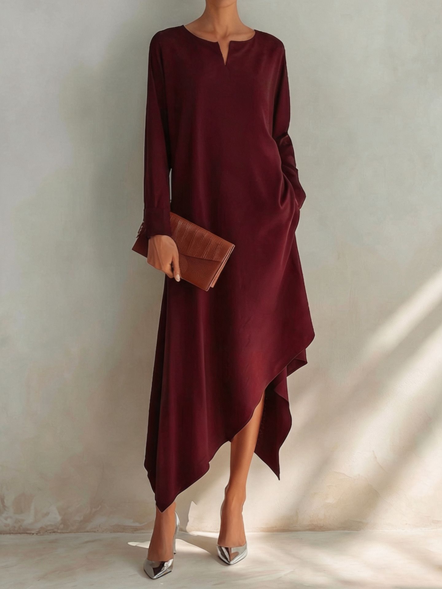 Solid V-Neck Asymmetrical Hem Cotton-Blend Midi Dress