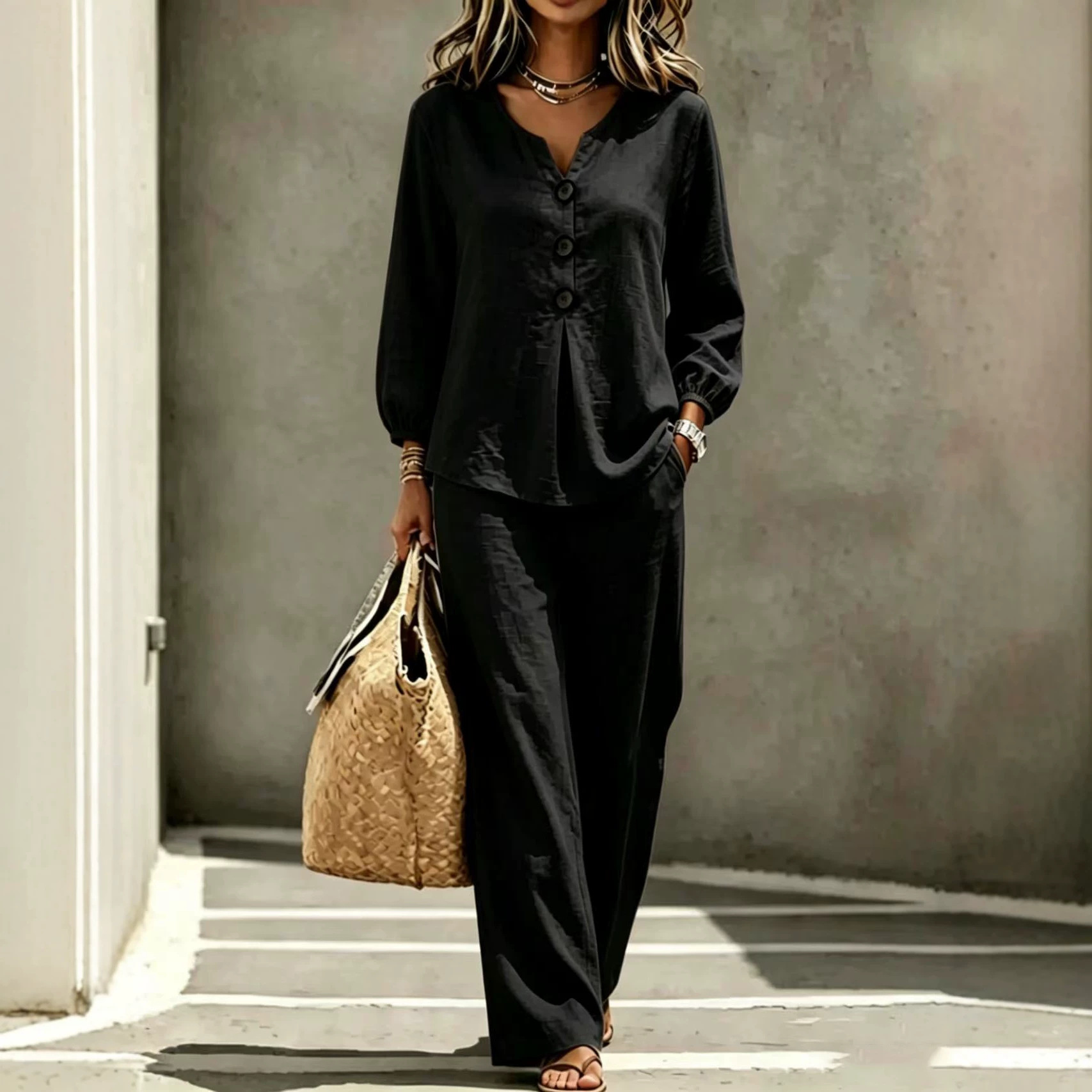 Women's Casual Button V-Neck Ruffle Long Sleeve Top and Pants Set