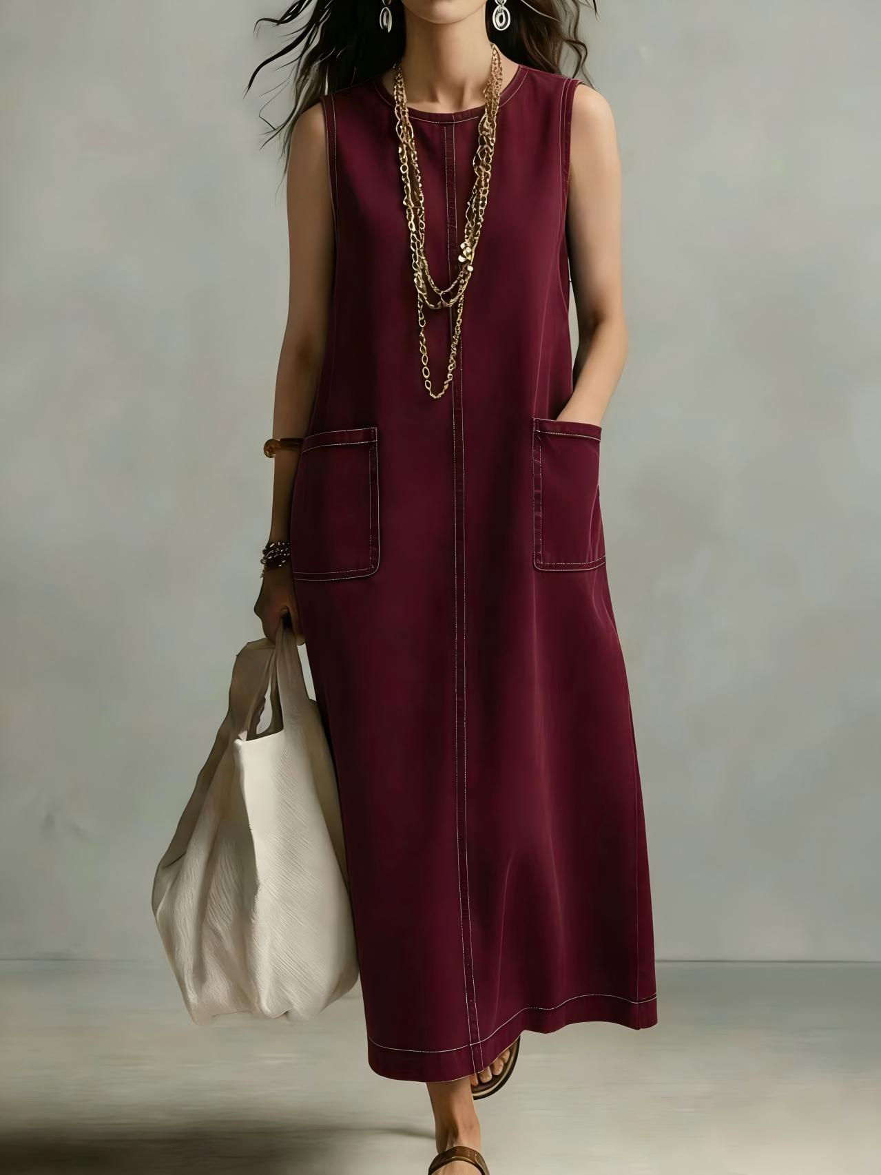 Solid Crewneck Sleeveless Pocket A-Line Midi Dress