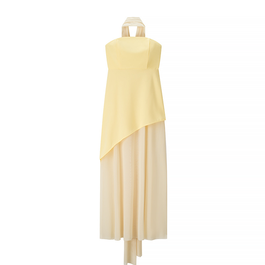 ZA-Style Tie-Neck Halter Mesh Panel A-Line Dress