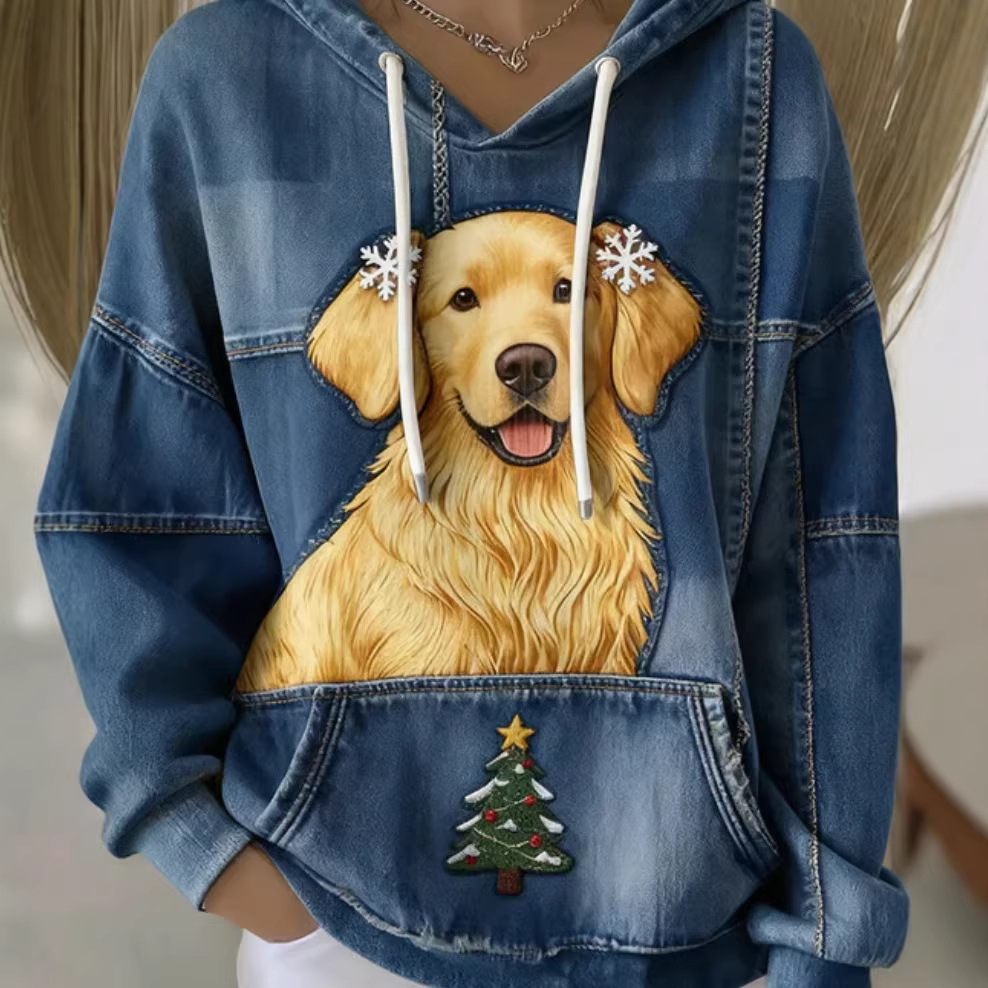 Women's Christmas Dog & Tree Print Hoodie