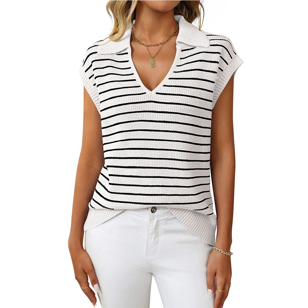 V-Neck Striped Knit Top with Collar Casual Loose Fit