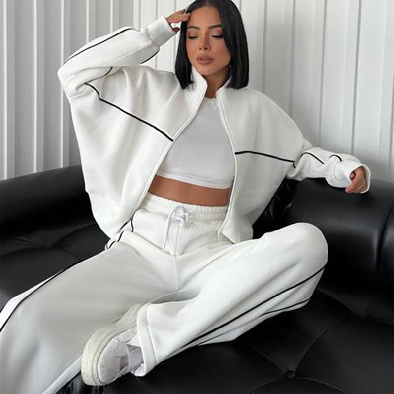 Women's Casual Two-Piece Set: Half-Turtleneck Zip Cardigan Sweatshirt & Striped Drawstring Pants