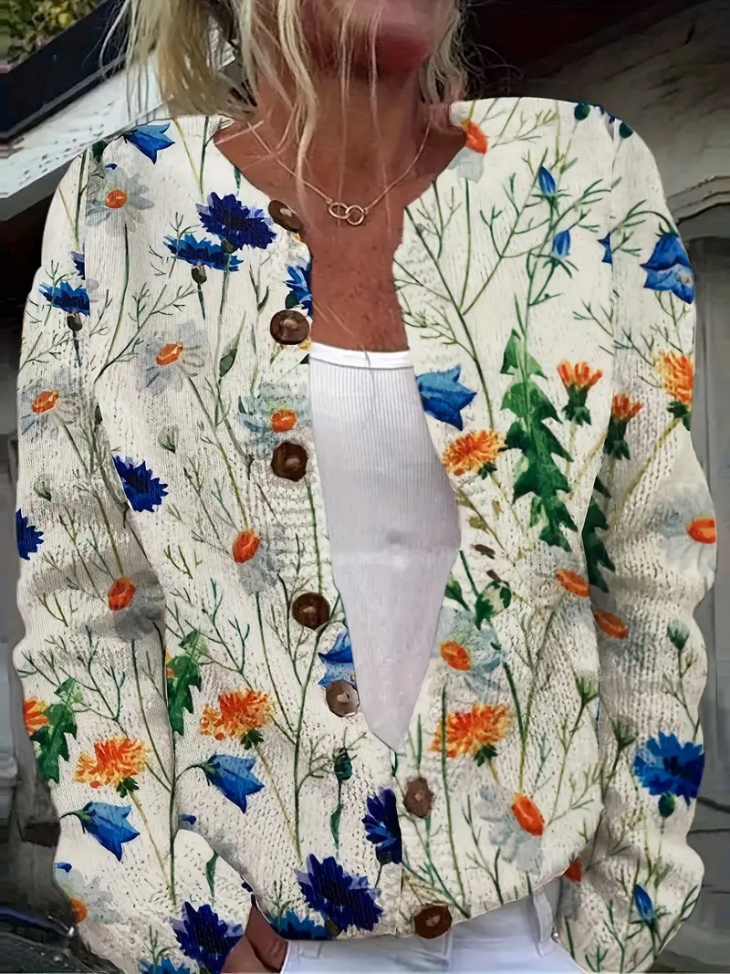 Women's Floral Print Long Sleeve Crew Neck Pullover Sweater