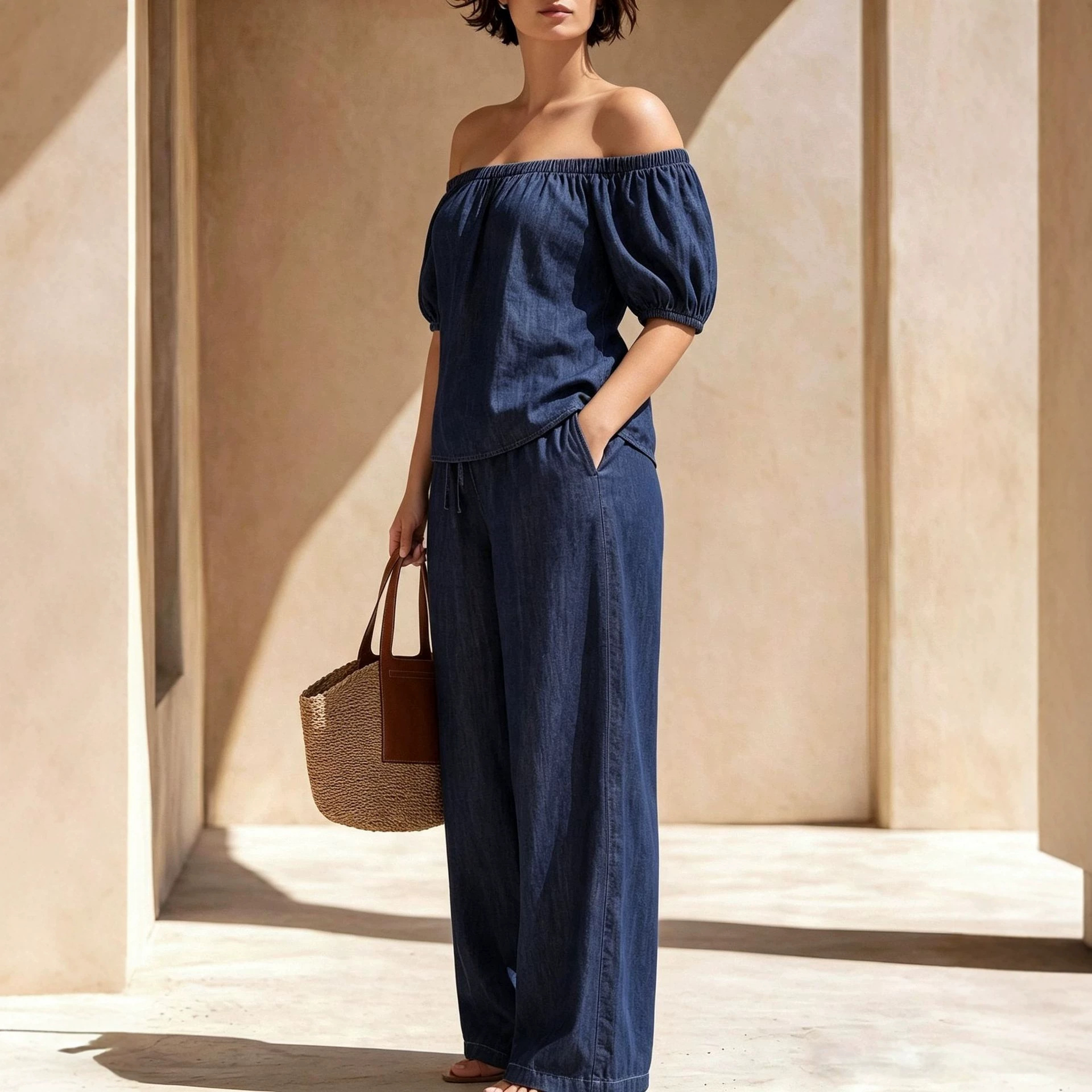 Women's Off-Shoulder Short-Sleeve Cropped Shirt and Tie-Waist Wide-Leg Pants Set