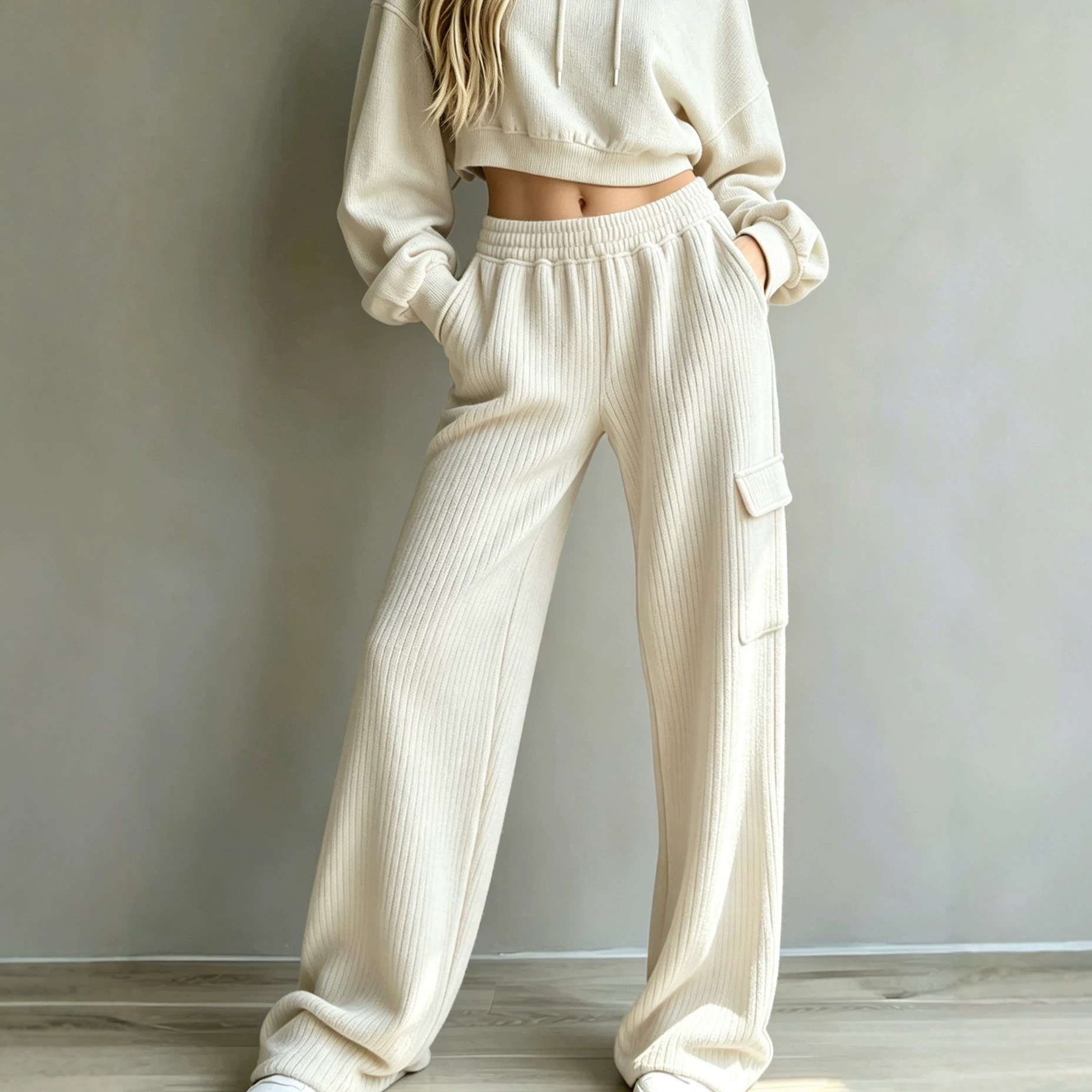 Vertical Ribbed Wide-Leg Cargo Sweatpants High Waist Drawstring