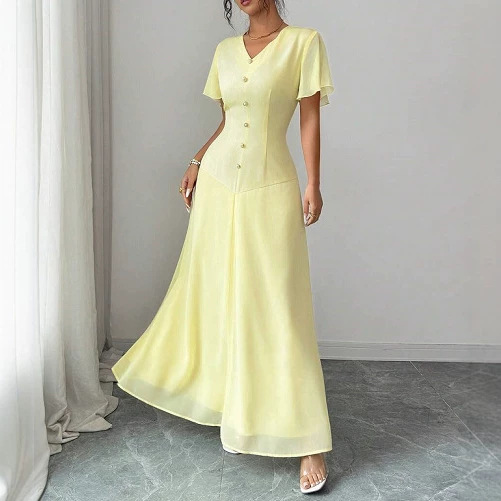 V-Neck Ruffle Short Sleeve Patchwork Midi Dress