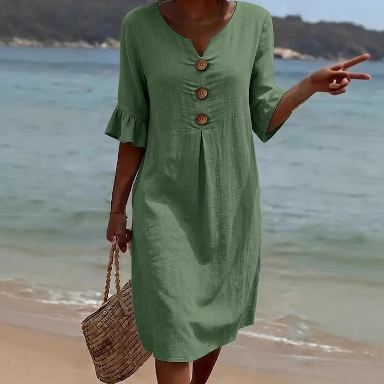 Cotton Linen V-Neck Button Ruffle Sleeve Midi Dress