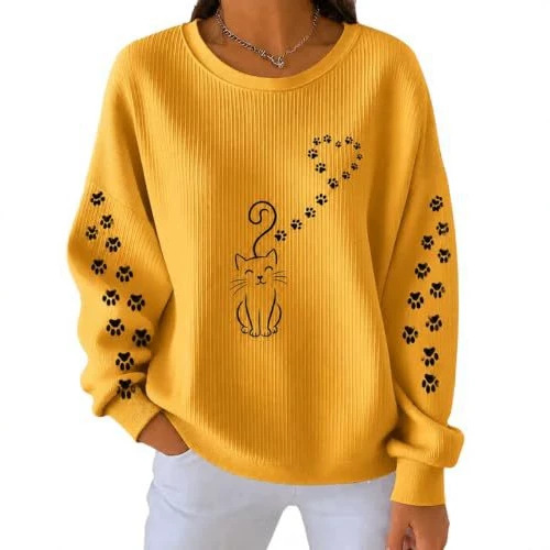 Women's Cat Tail Heart Paw Print Crewneck Sweatshirt