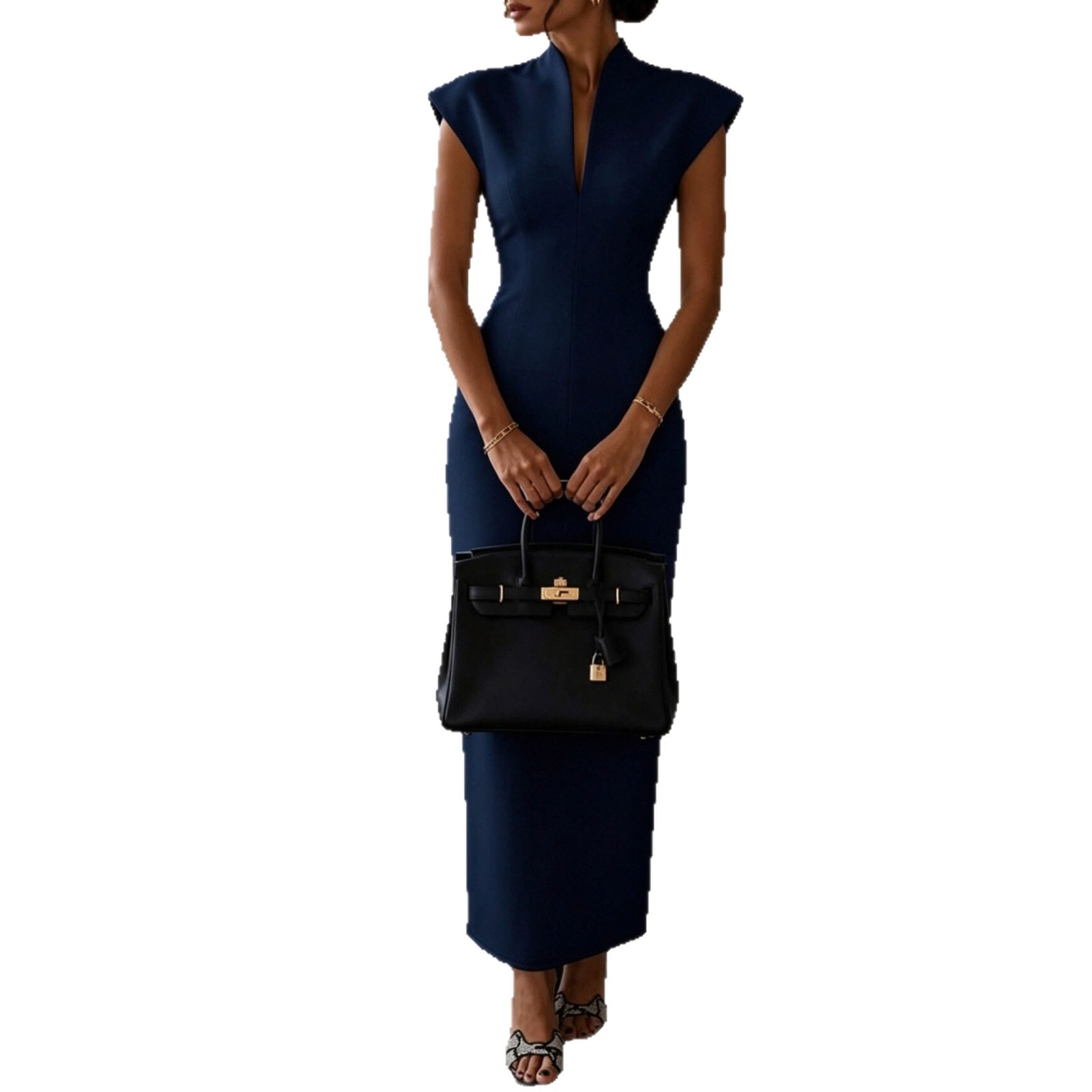 Women's Sleeveless Bodycon Dress with Stand Collar High Waist