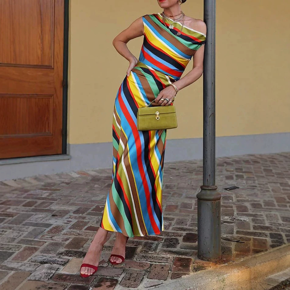 Color-Block Striped One-Shoulder Sleeveless Long Dress