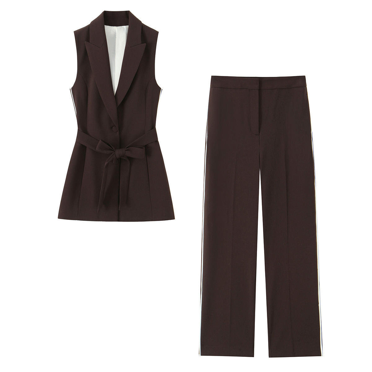 Side-Striped Belted Long Vest and Straight-Leg Pants Two-Piece Set