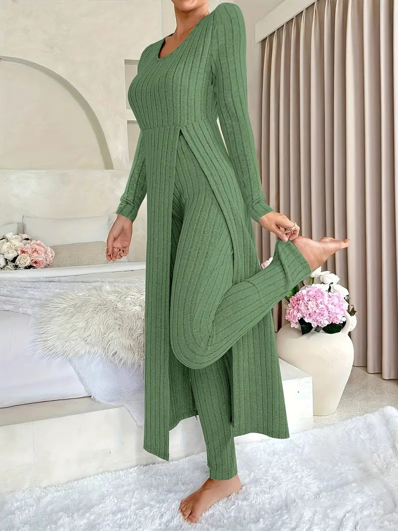 Women's Two-Piece Set with Split Hem Long Sleeve Top