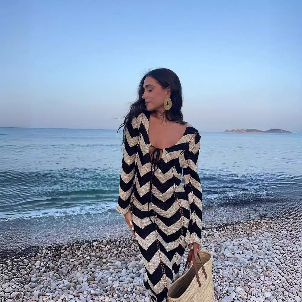 Reversible Lace-Up Cutout V-Neck Long Sleeve A-Line Beach Dress