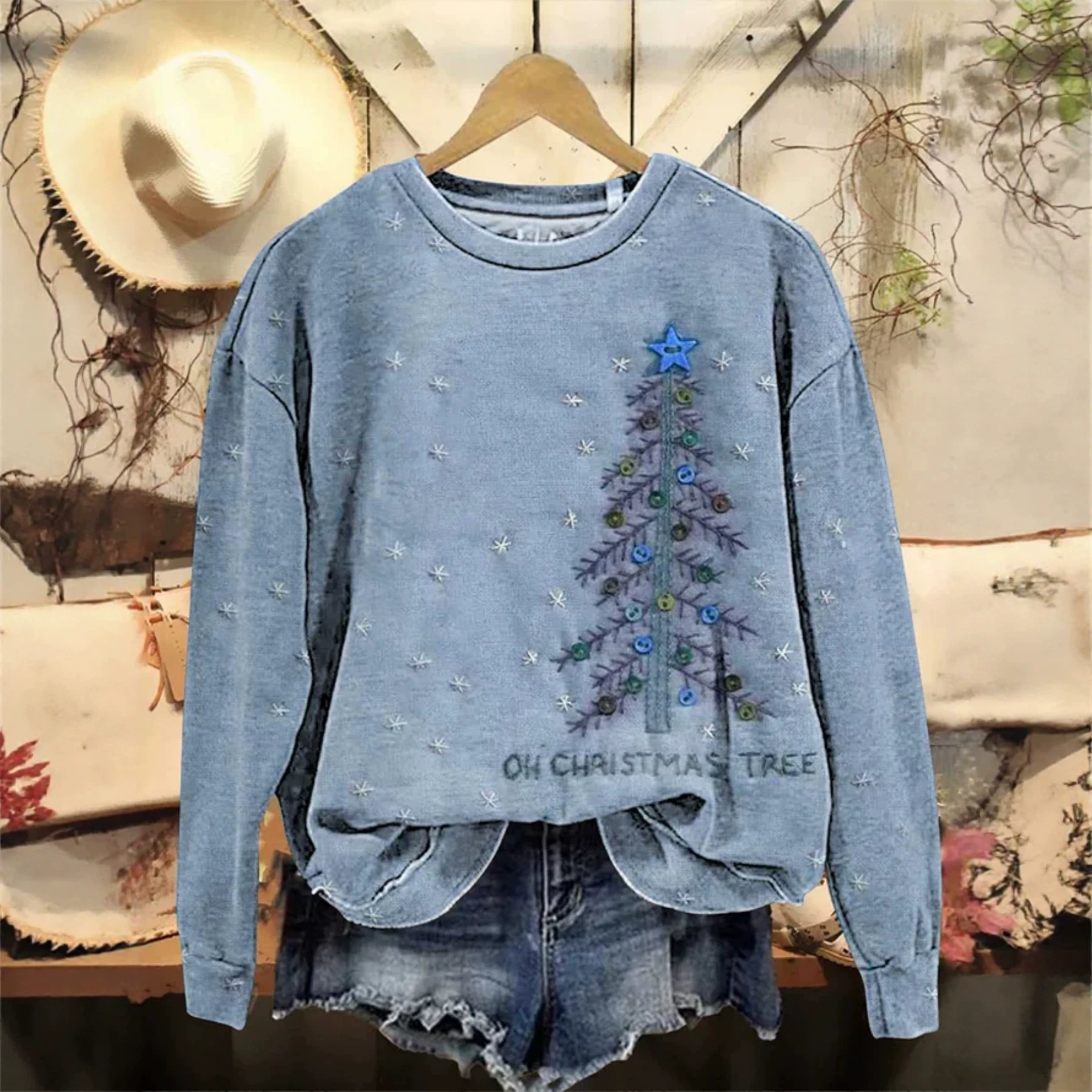 Christmas Tree Print Crewneck Long Sleeve Pullover Sweatshirt