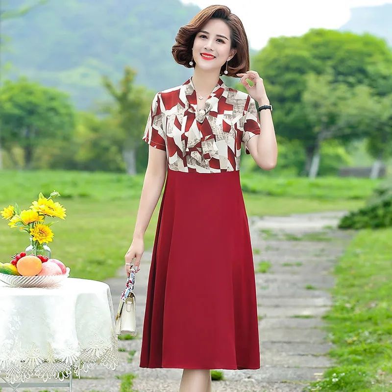 Women's Summer Short Sleeve Midi Dress Fake Two-Piece Waist-Cinching Slimming V-Neck A-Line