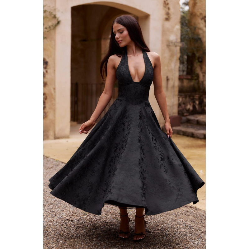 V-Neck Halter Jacquard Evening Dress Sleeveless Open-Back A-Line Long Gown