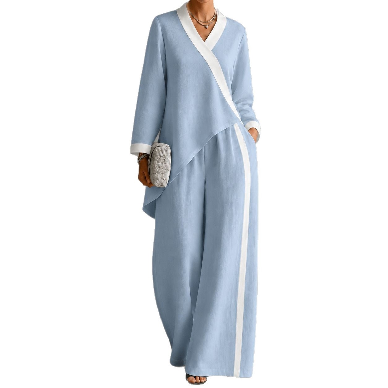 2026 Fall Cross-Border European and American Women's Fashion Color-Block V-Neck Asymmetrical Top Wide-Leg Pants Loose Casual Set