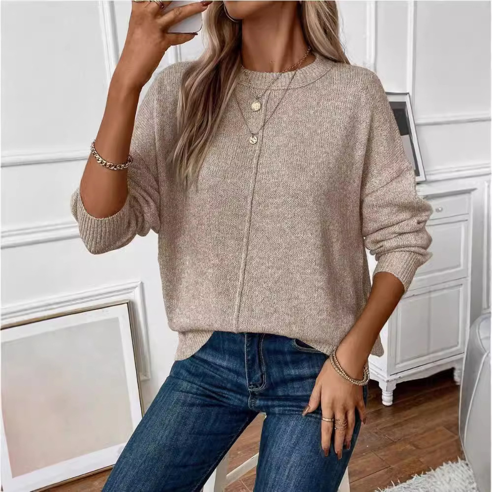 Women's Solid Color Crewneck Pullover Knit Sweater Casual Long Sleeve