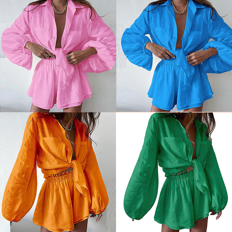 Women's Solid Ruffle Shirt and Shorts Casual Set
