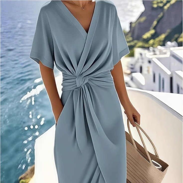 Women's Satin Wrap Dress with Slit V-Neck Short Sleeve Midi