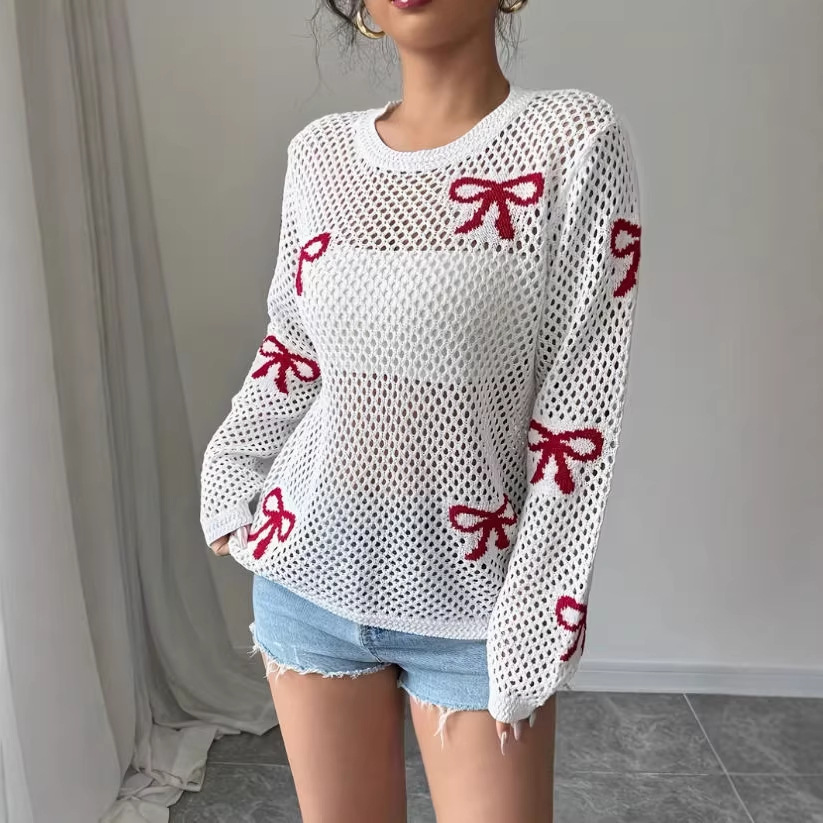 Women's Sheer Open-Knit Bow Jacquard Cover-Up Sun Protection Top