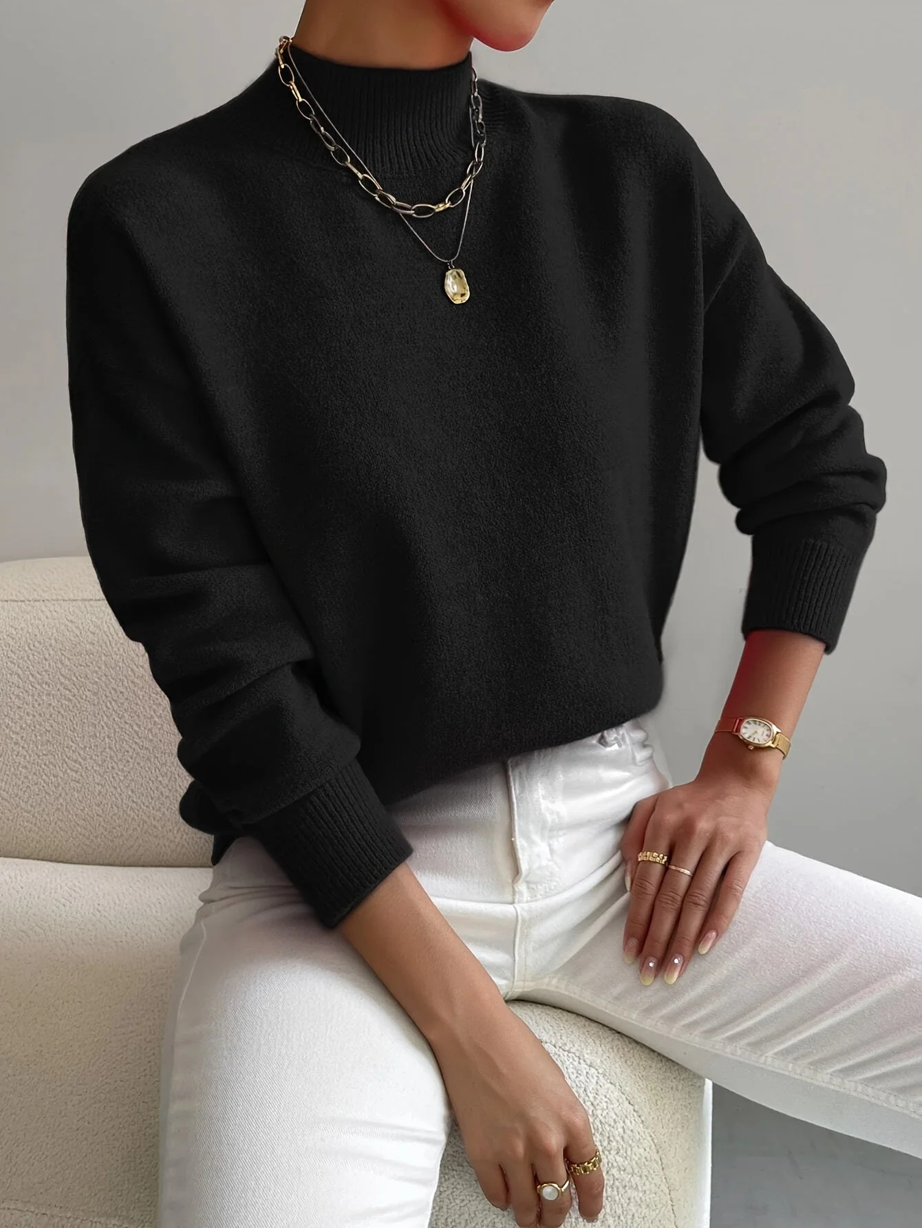 Women's Half Turtleneck Long Sleeve Pullover Sweater Solid Color Loose Knit Top