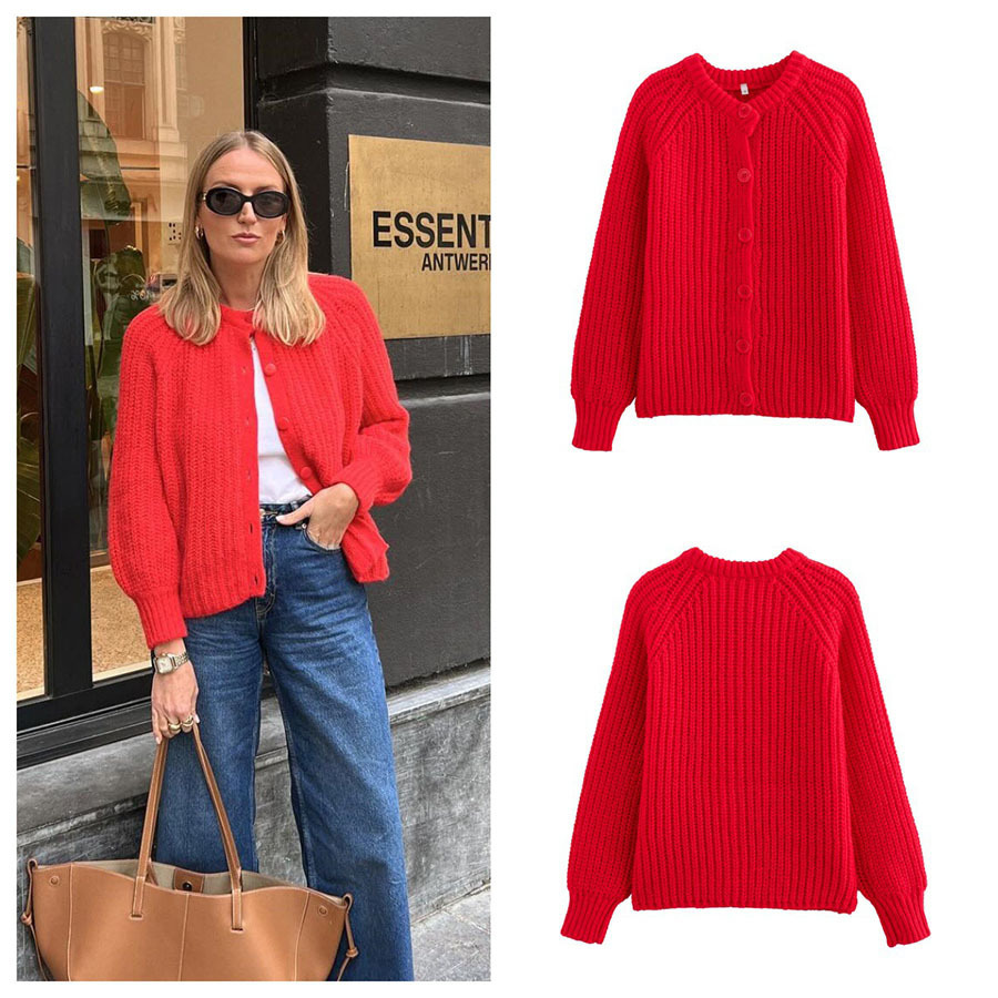 Women's Solid Knit Cardigan Crewneck Long Sleeve Sweater