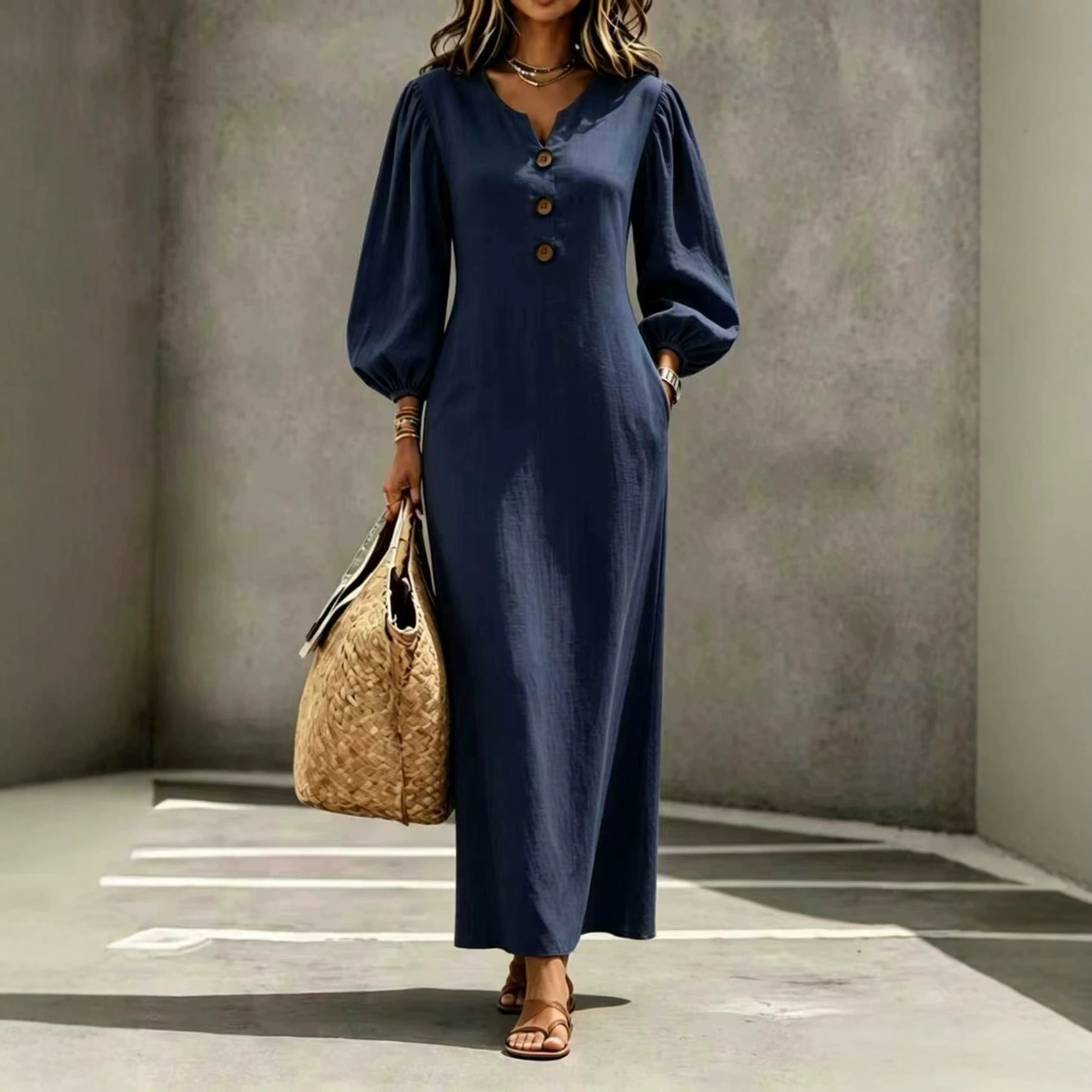 V-Neck Wooden Button Bubble Sleeve Loose Long Dress