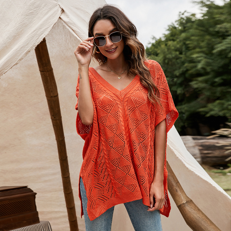 Women's Summer Batwing Sleeve V-Neck Hollow-Out Knit Cover-Up