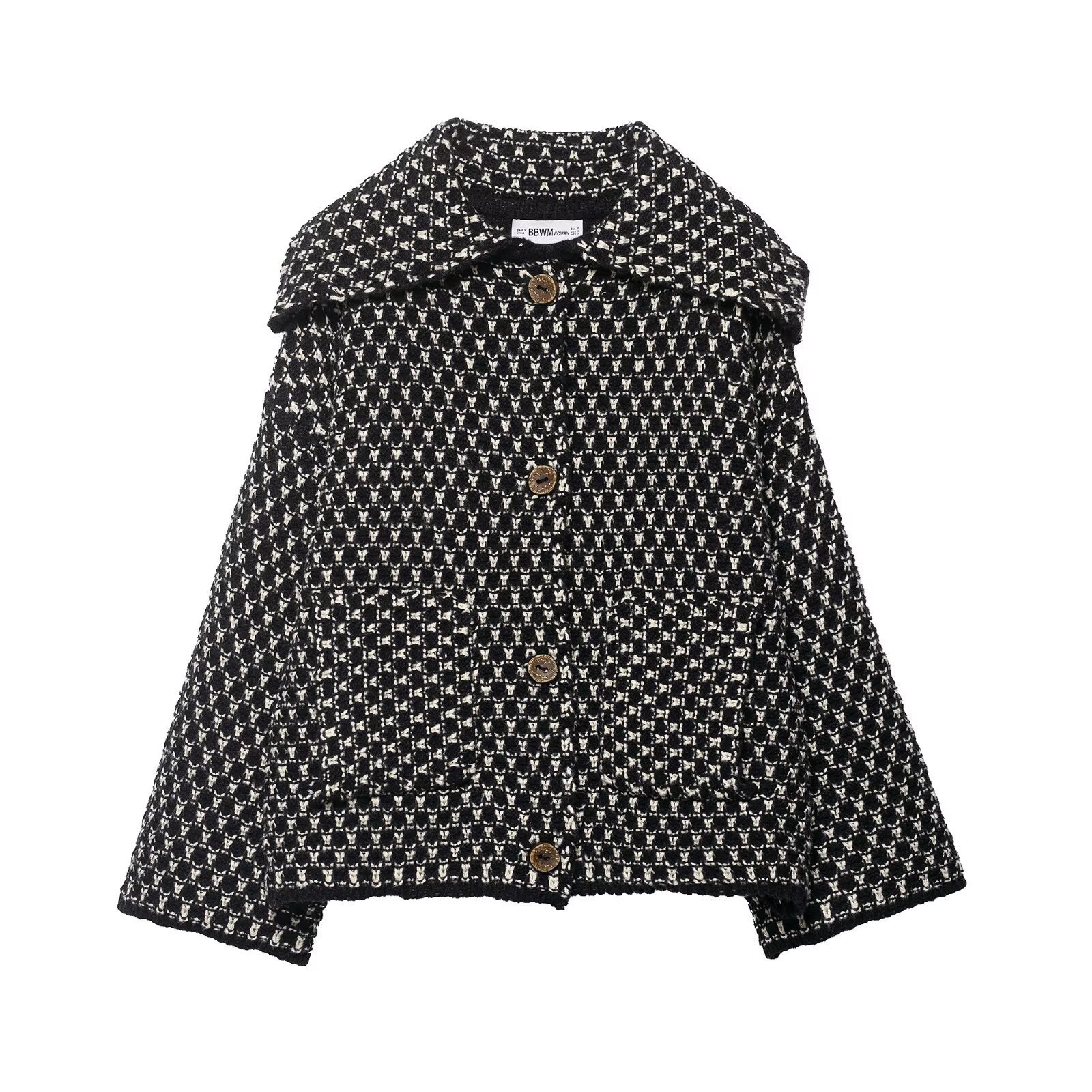 Women's Plaid Knit Cardigan with Lapel Collar