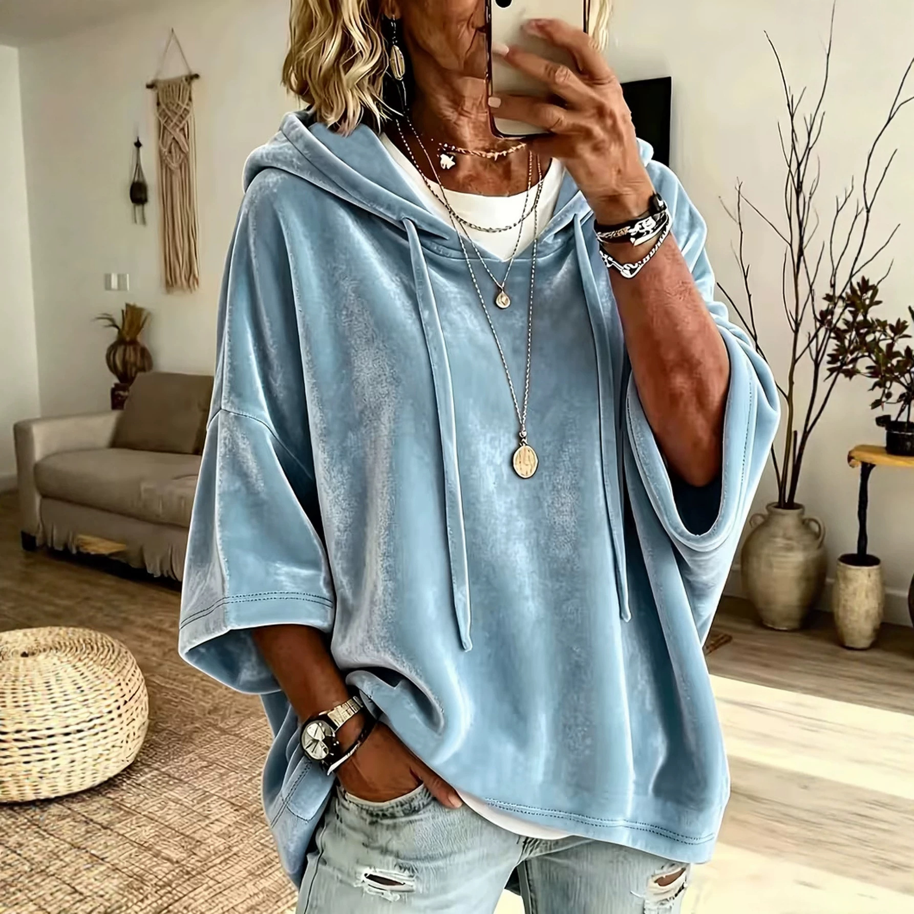Women's Velvet Hooded Sweatshirt Seven-Quarter Sleeve Solid Color