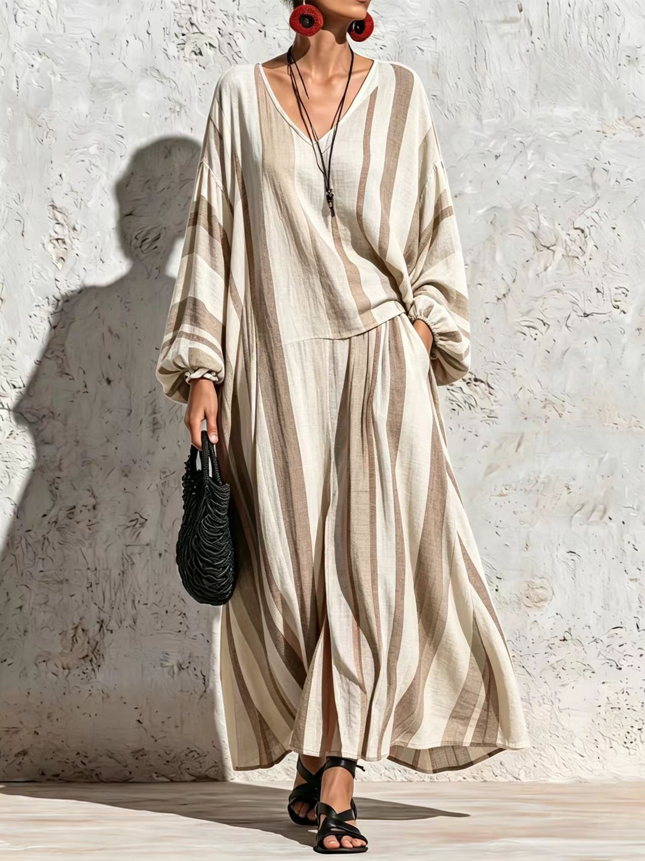 Striped Print V-Neck Long Sleeve Top & Wide-Leg Pants Set