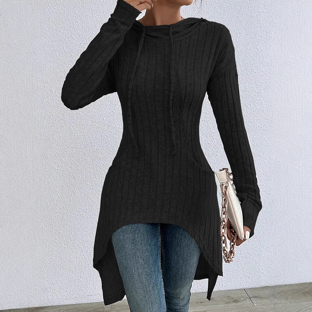 Women's Ribbed Knit Hooded Drawstring Tunic Sweatshirt