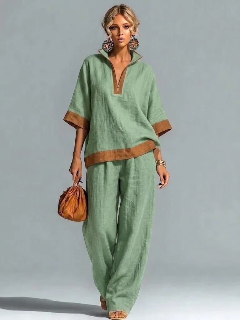Women's Color-Block Half-Zip Linen Top and Straight-Leg Pants Two-Piece Set