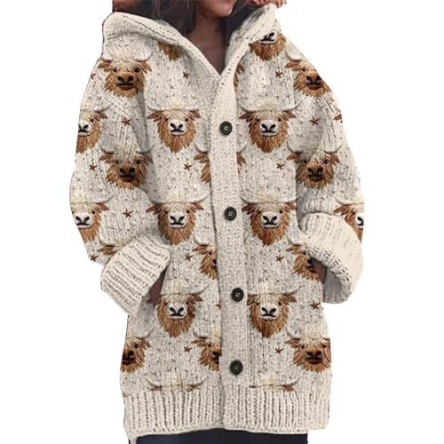 Women's Cartoon Cow Print Hooded Button Cardigan Sweater