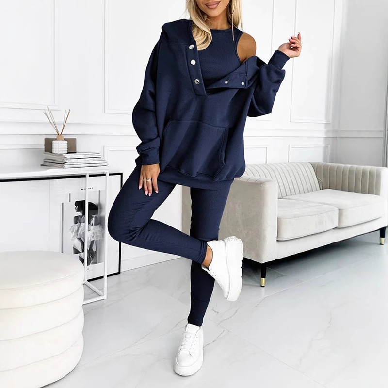 Solid Hooded Button Sweatshirt and Pants Set