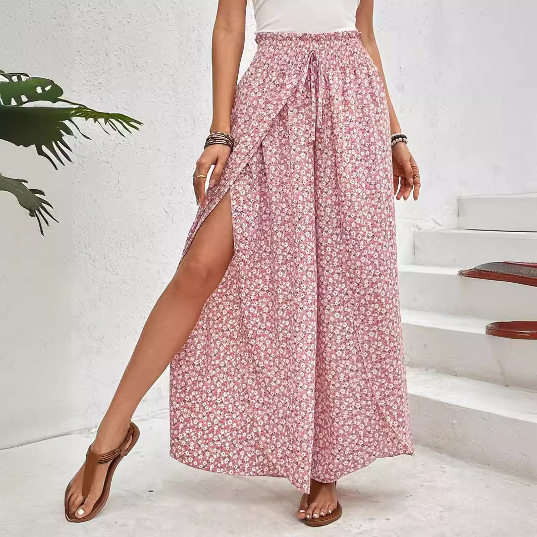 Floral Wide-Leg Skirt Pants with Side Slit