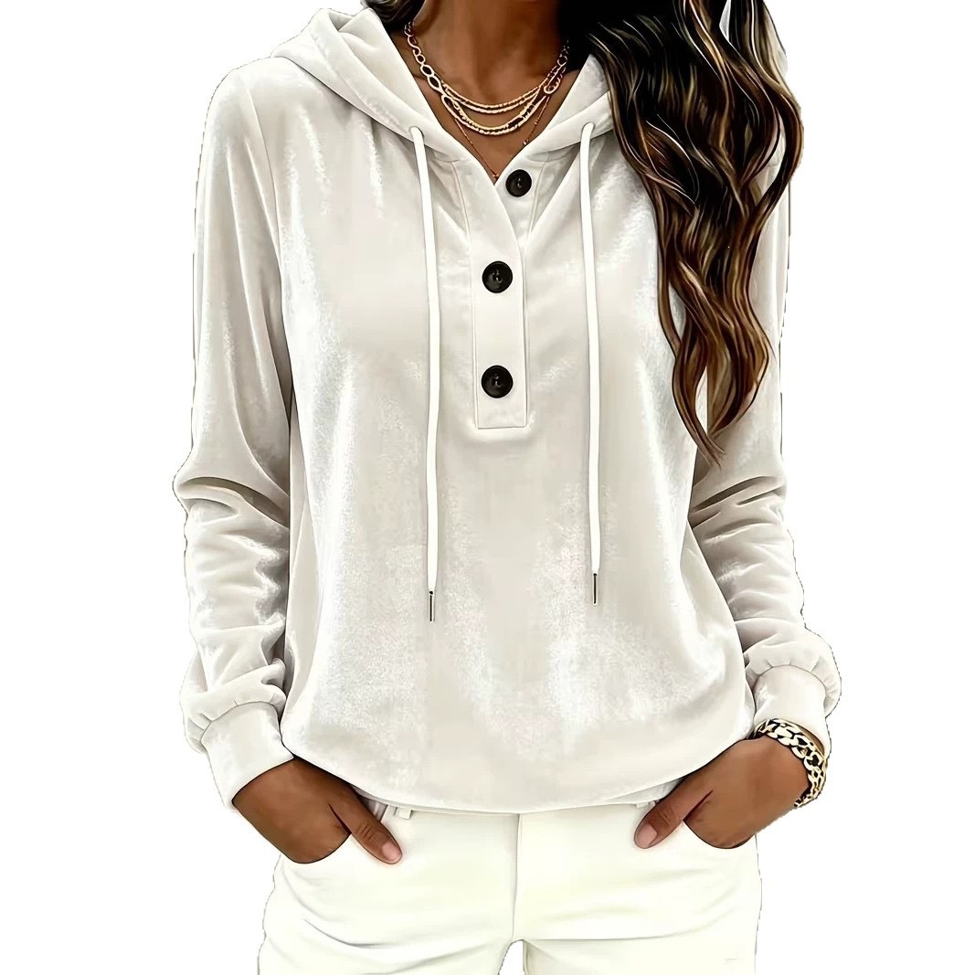 Women's Solid Color Button Hooded Drawstring Long Sleeve Sweatshirt