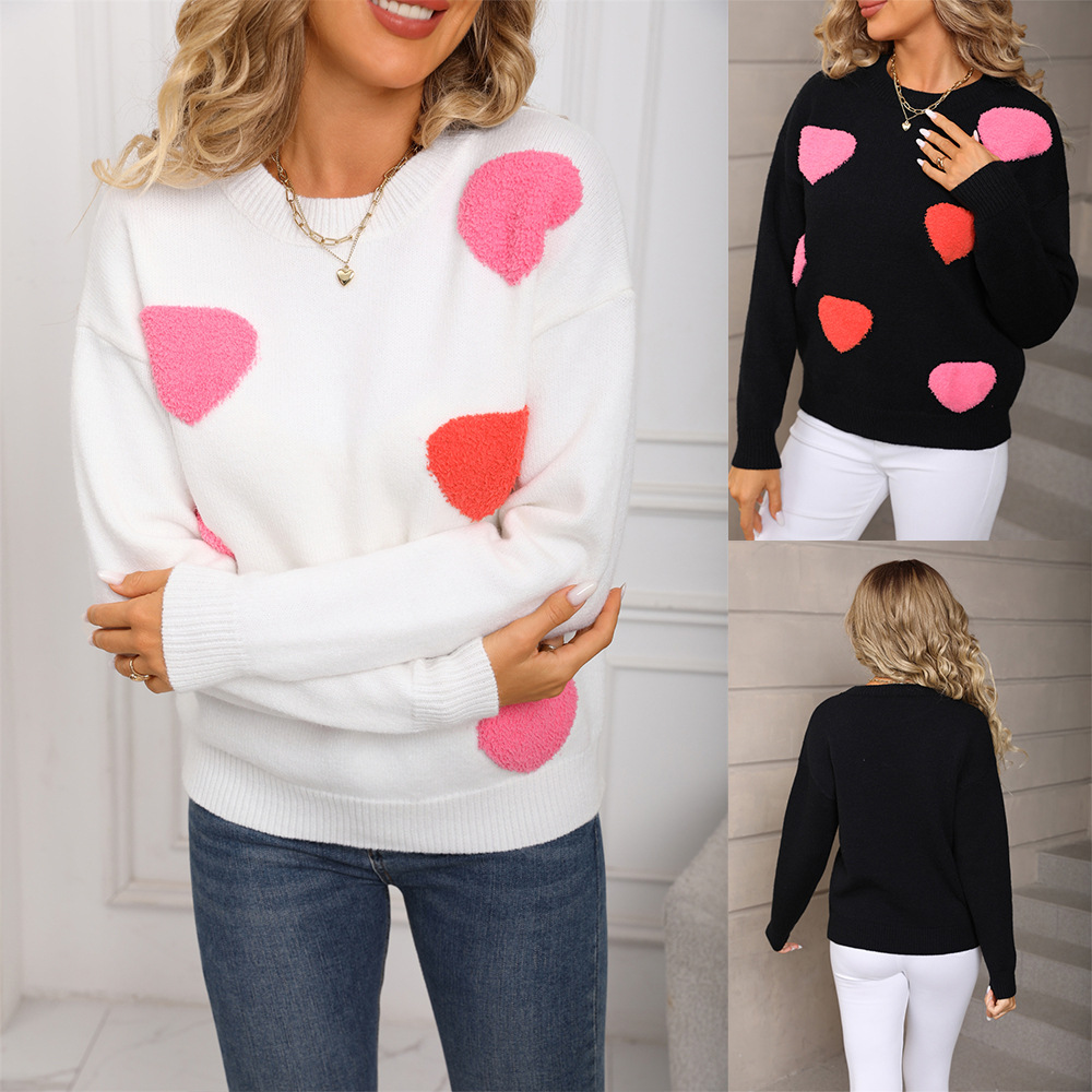 Plus Size Heart Colorblock Crewneck Knit Sweater