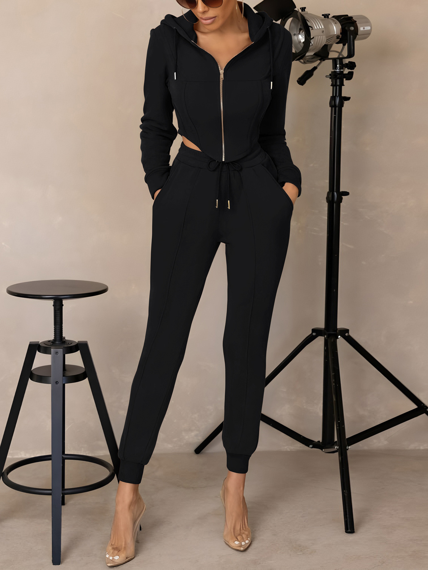 Women's Hooded Zip-Up Cropped Sweatshirt & Jogger Set
