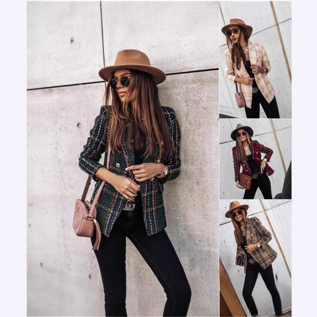 Women's Long Sleeve Double-Breasted Blazer with Suit Collar and Print