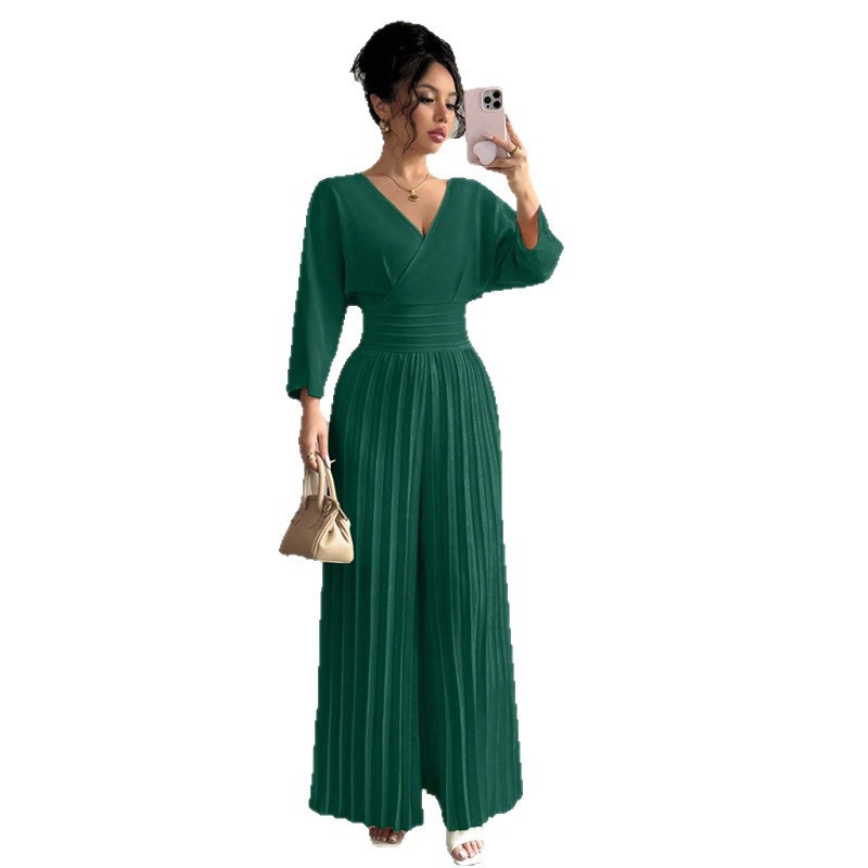 Elegant Solid V-Neck Pleated Waist-Defining Wide-Leg Jumpsuit